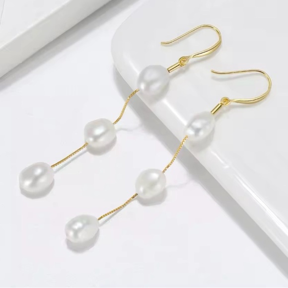 Sterling Silver Real Freshwater Pearl Drop Earrings - Picture 2 of 5